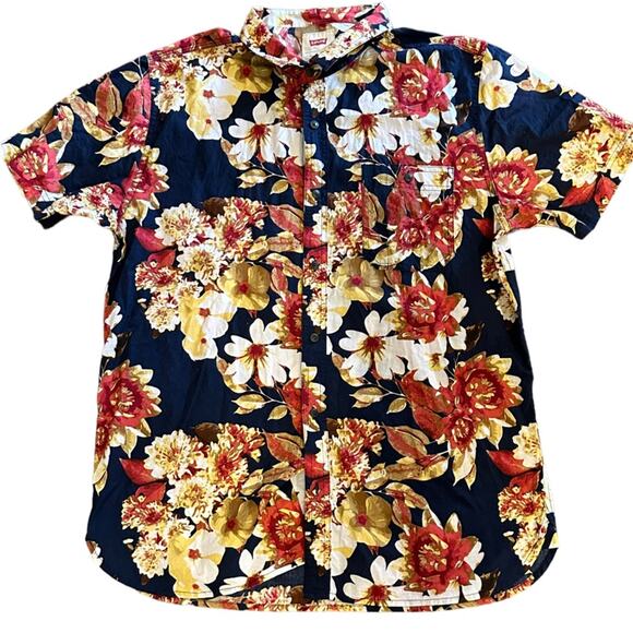 Levi's Mens Large Navy Blue Floral Button Down Short Sleeve Cotton Shirt - Picture 1 of 7